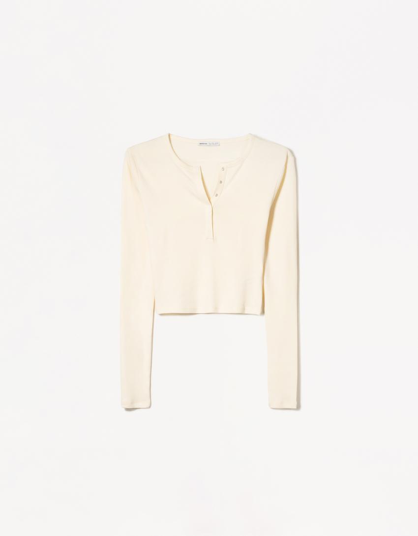 Long sleeved button neck top-Beige-4