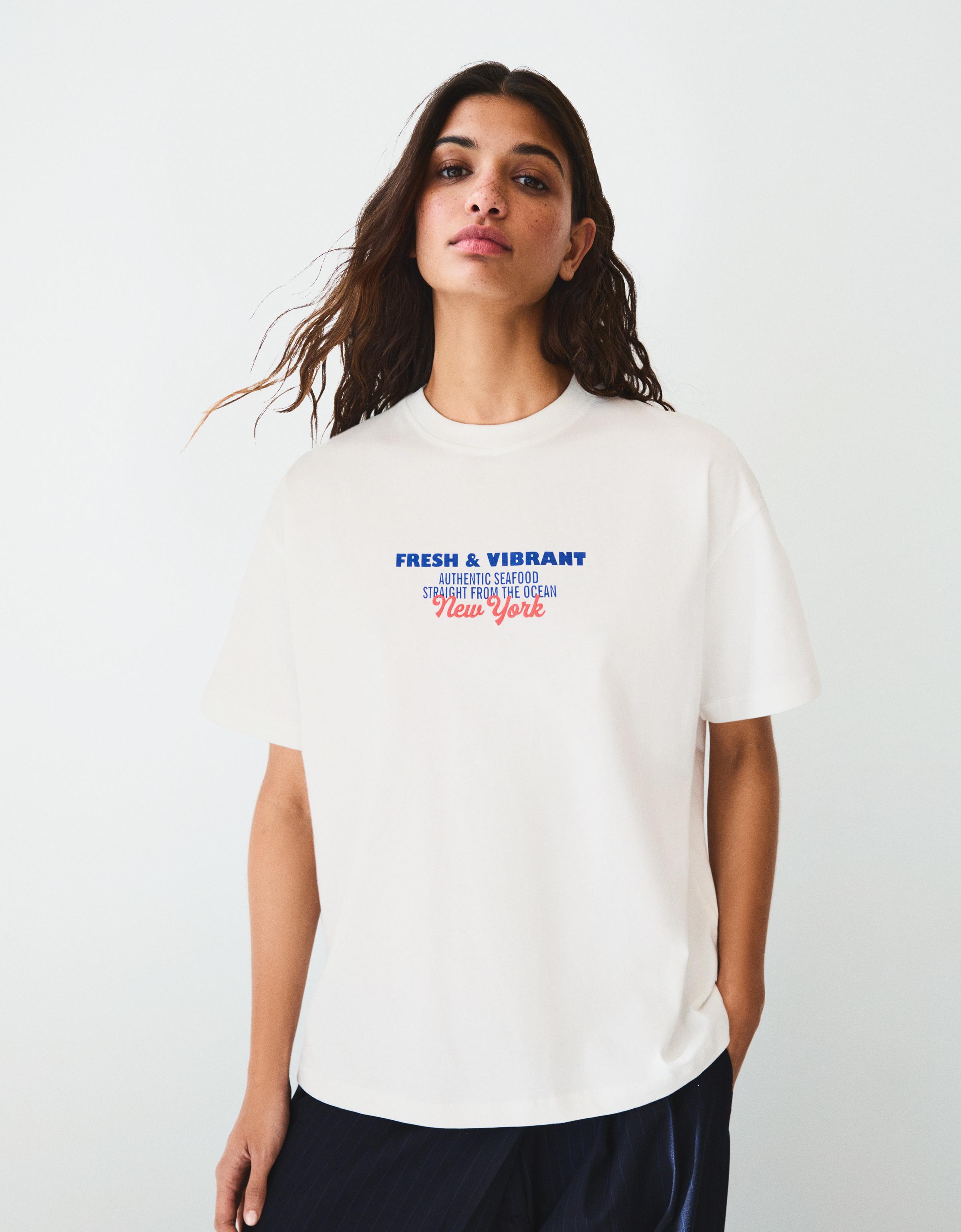 Camiseta Manga Corta Oversize Print Mujer Xs Blanco Roto