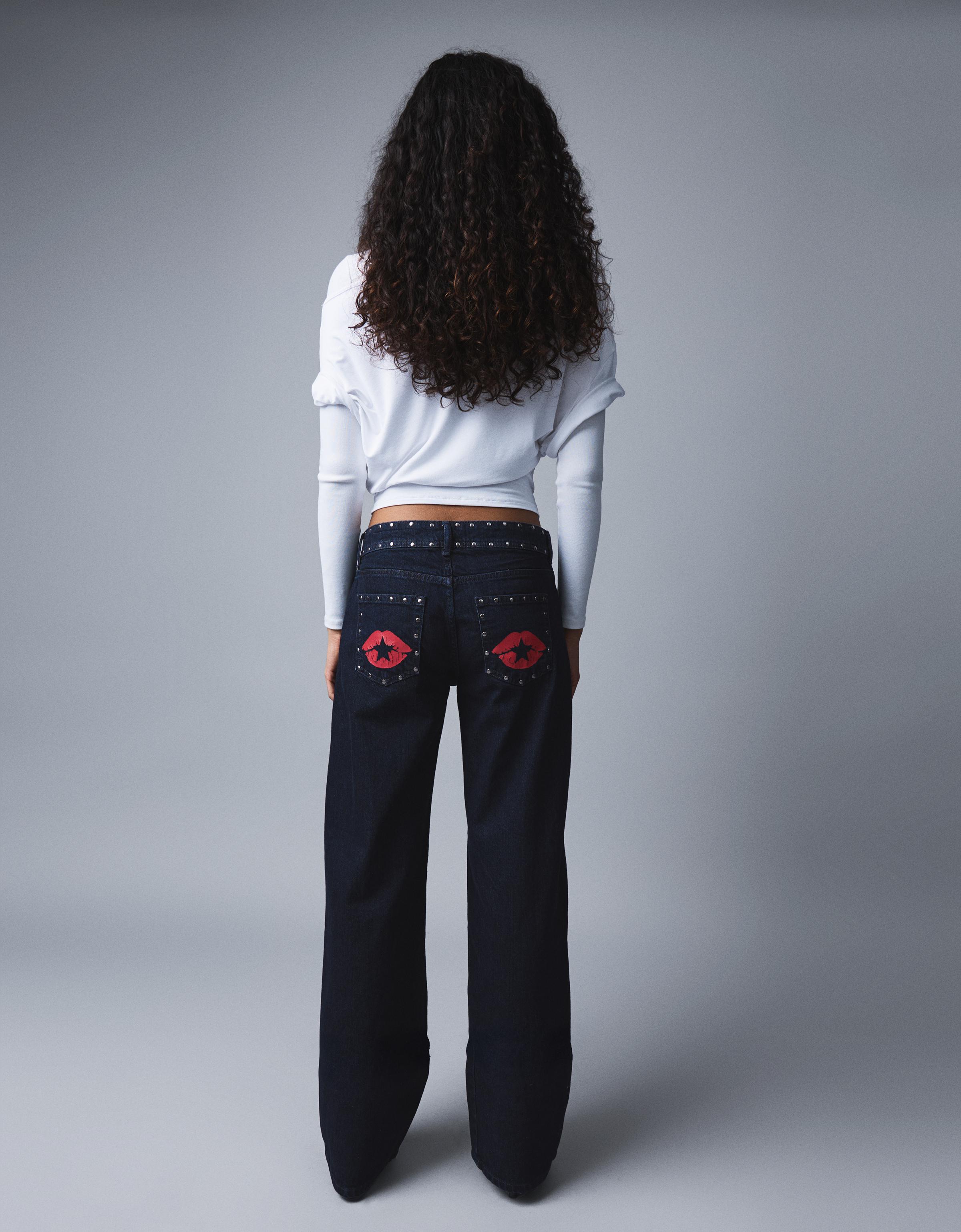 Bershka Baggy-Jeans Mit Tiefem Bund Und Nieten Damen 36 Marinenblau