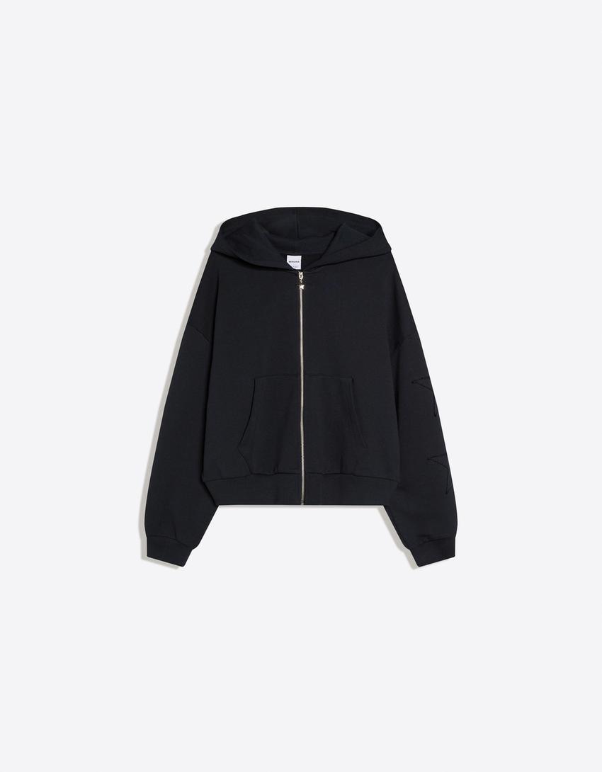 Embroidered zip-up hoodie-Navy