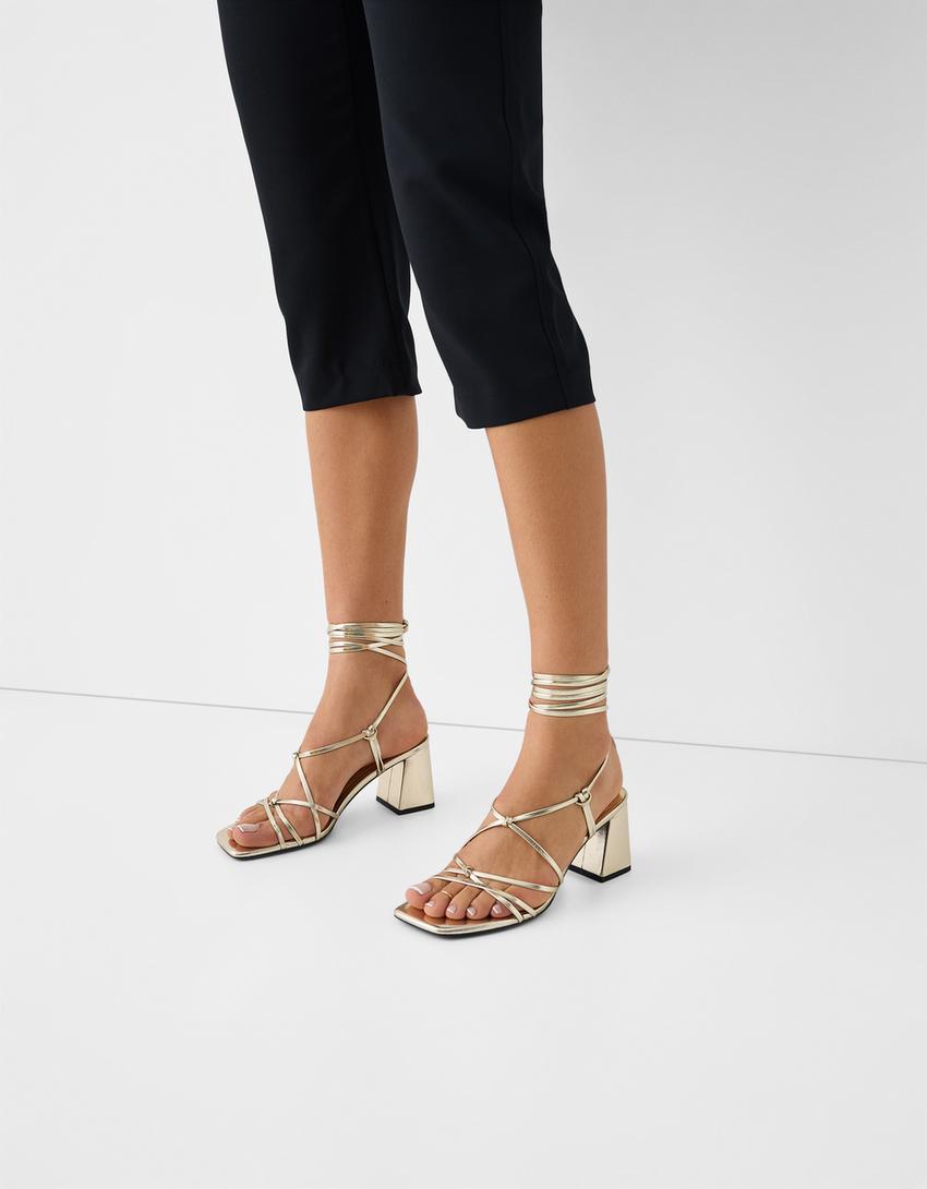Tied heeled metallic sandals-Gold