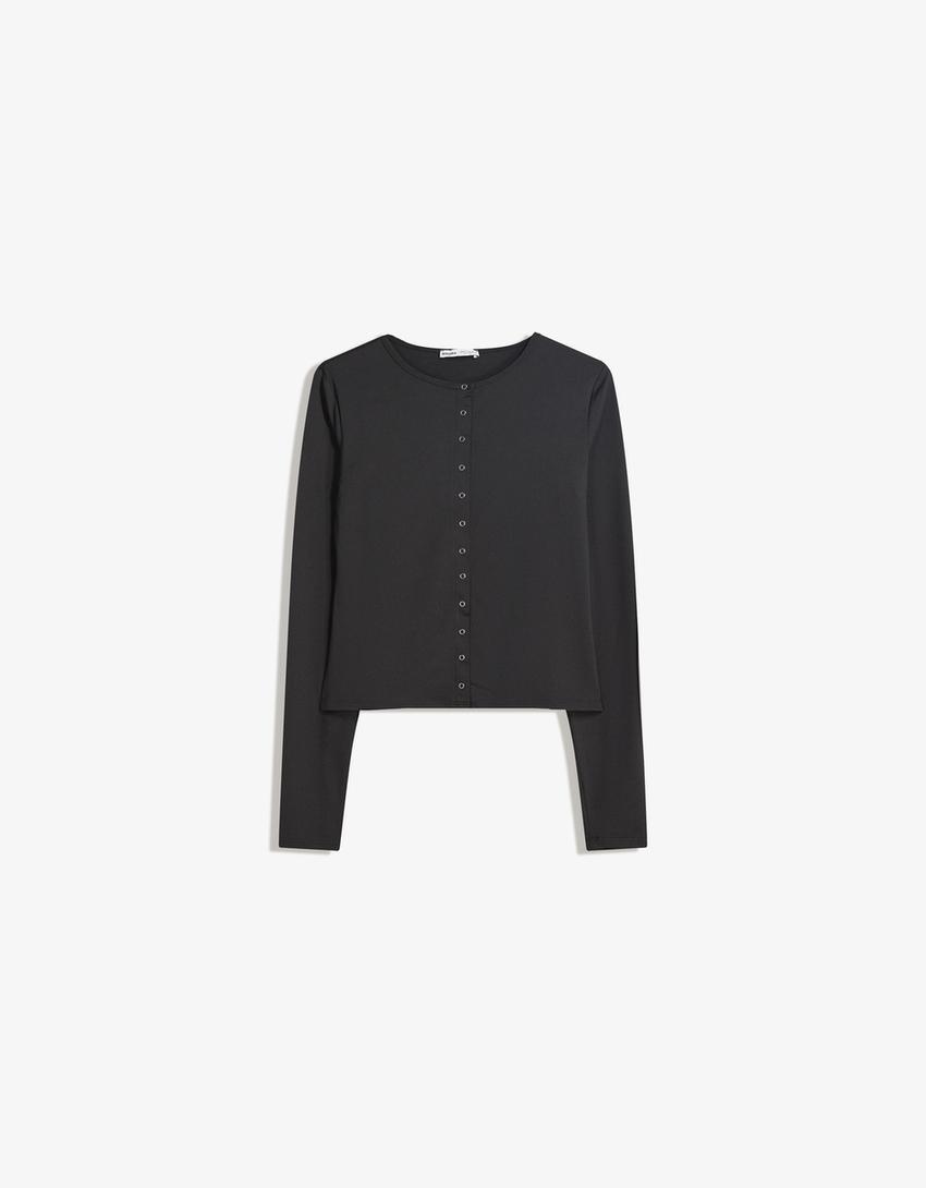 Long sleeve T-shirt with buttons-Black-3
