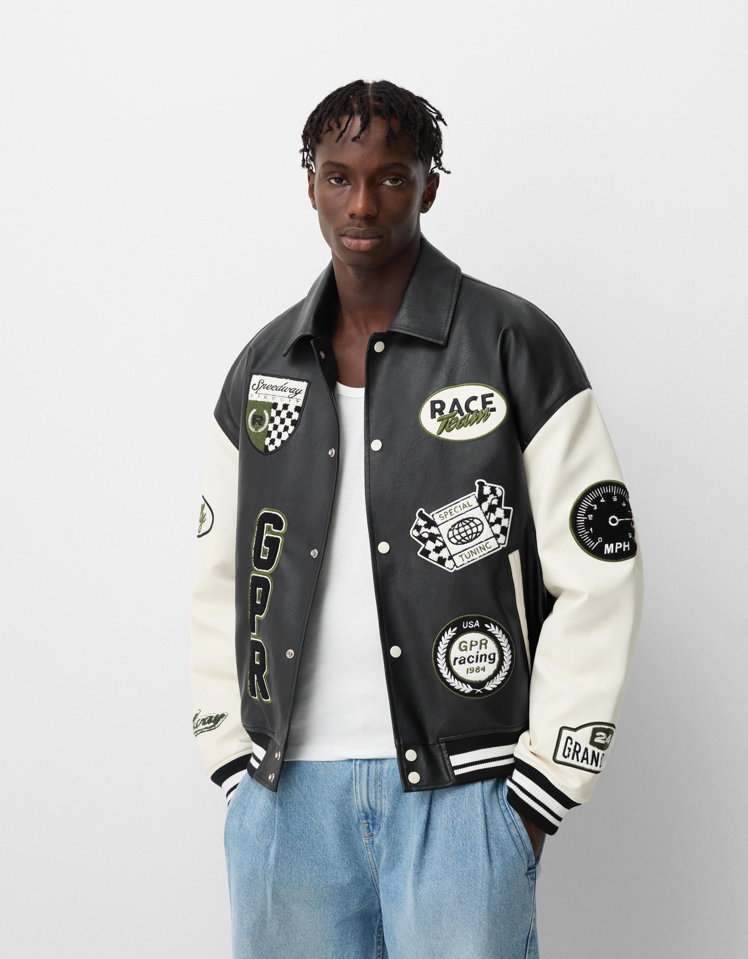 Bershka Jacke Kunstleder Patches Herren L Schwarz