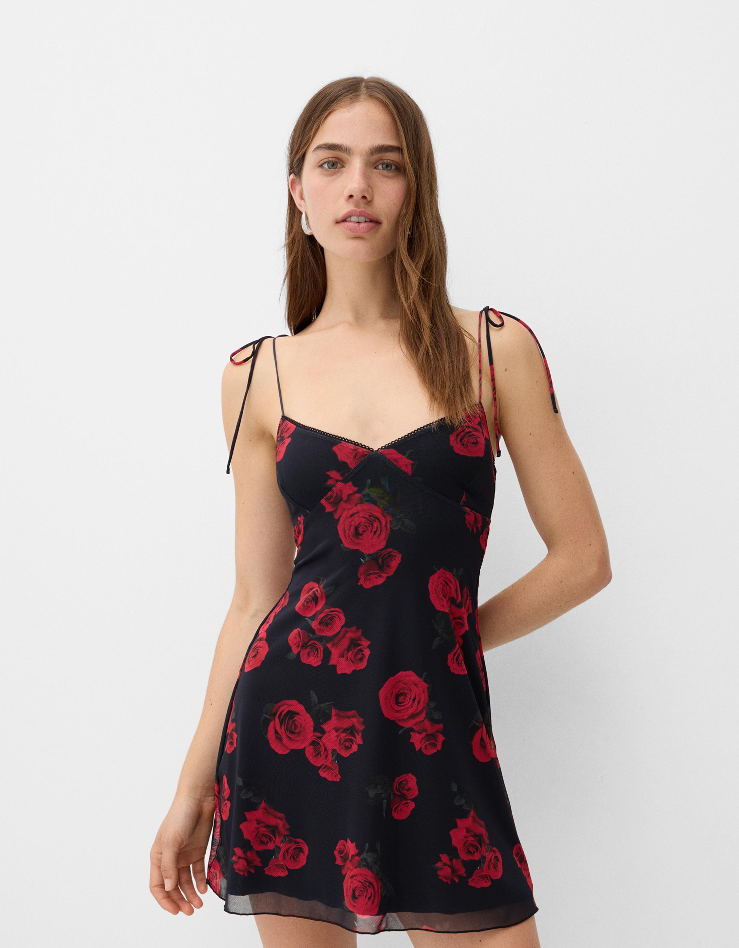 Bershka Minikleid Tüll Rosen Damen Xs Schwarz