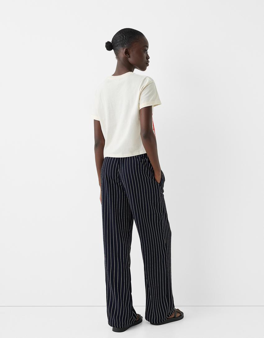 بنطال من مزيج كتان بقصّة مستقيمة وخصر مرن-كحلي-2