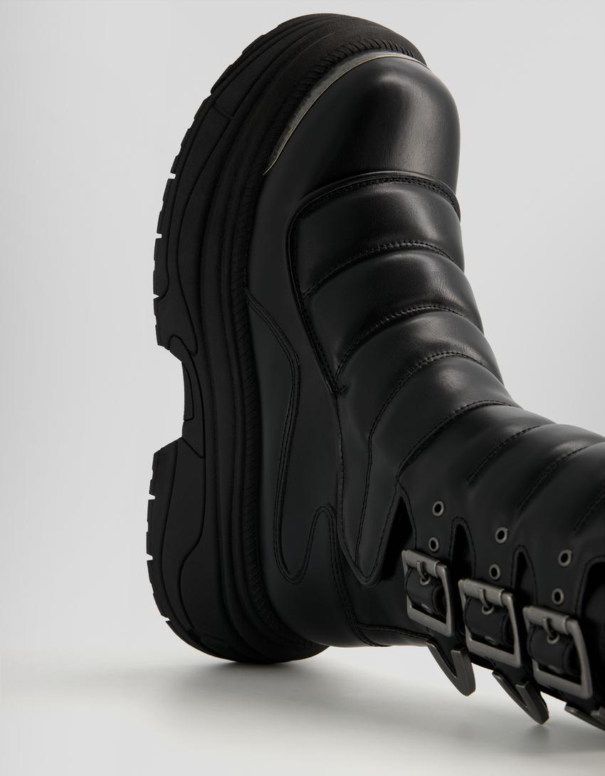 Men’s quilted platform ankle boots with buckles-BLACK