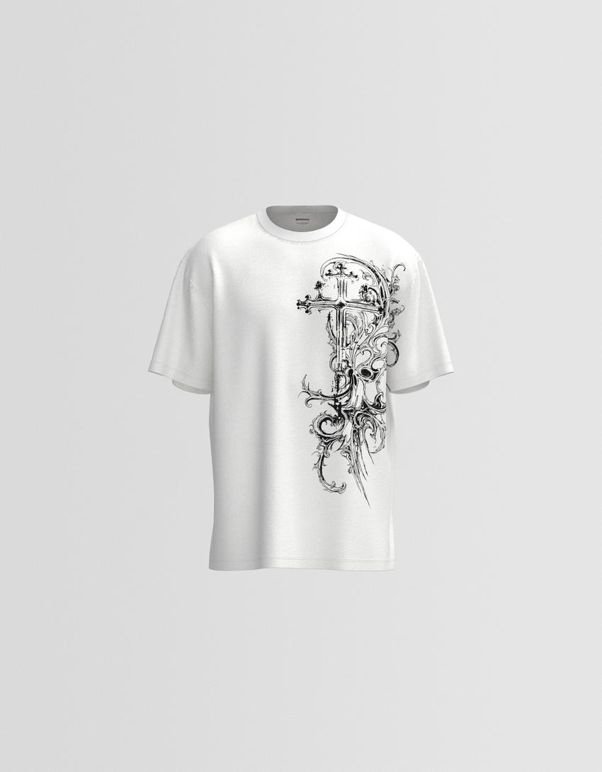 Tricou mânecă scurtă print-Alb