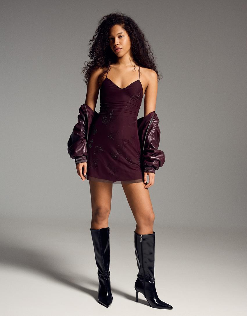 Mini strappy tulle diamante dress-Burgundy