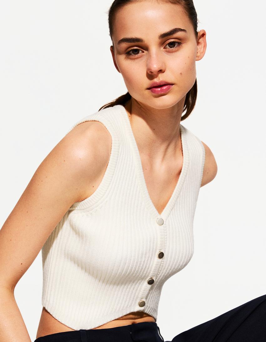 Chaleco cuello pico rib - Mujer | Bershka