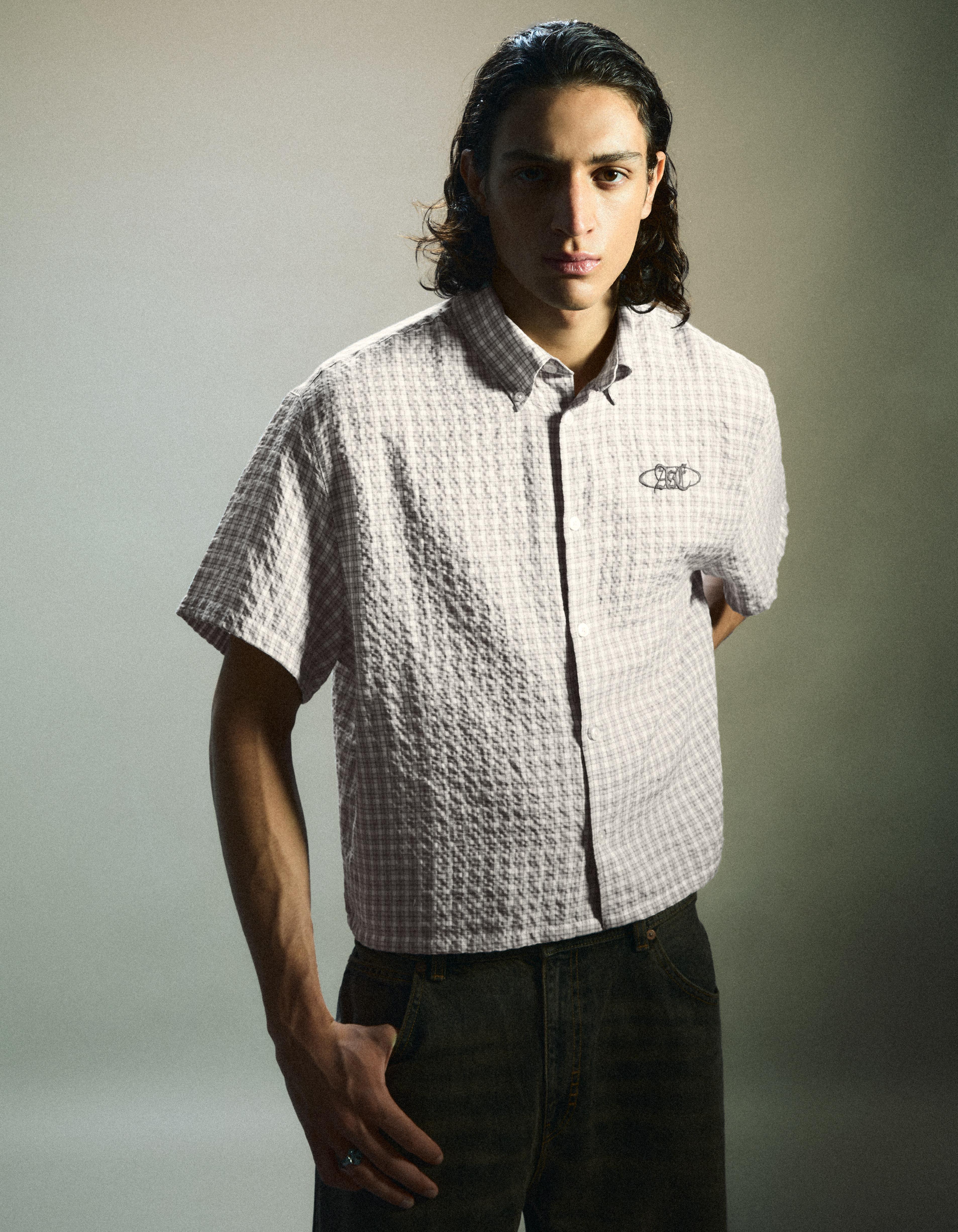 Bershka Camisa Manga Corta Boxy Print Hombre L Gris Mezcla