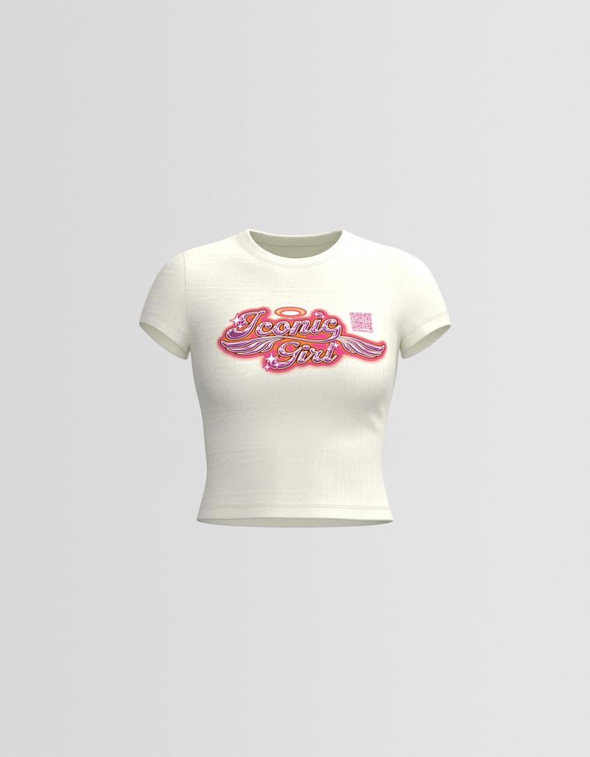 Koszulka z krótkim rękawem Bershka Wearable Art-Biały złamany-4