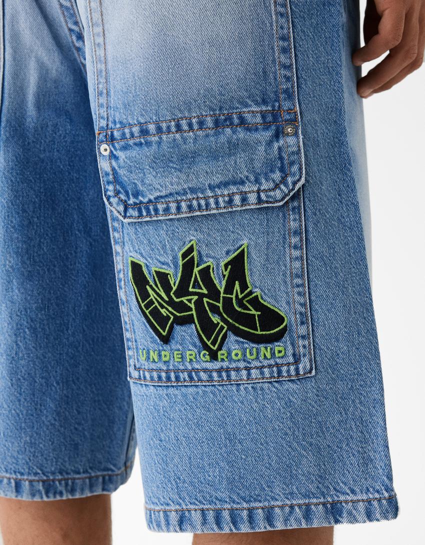 Calções bermuda denim super baggy bordado-Azul lavado-5