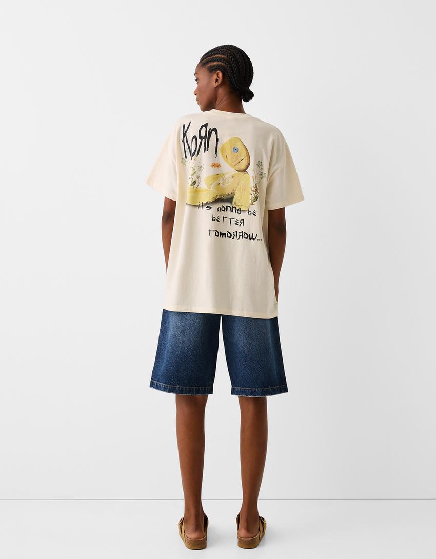 تيشرت بطبعة كورن وأكمام قصيرة-كريمي-1