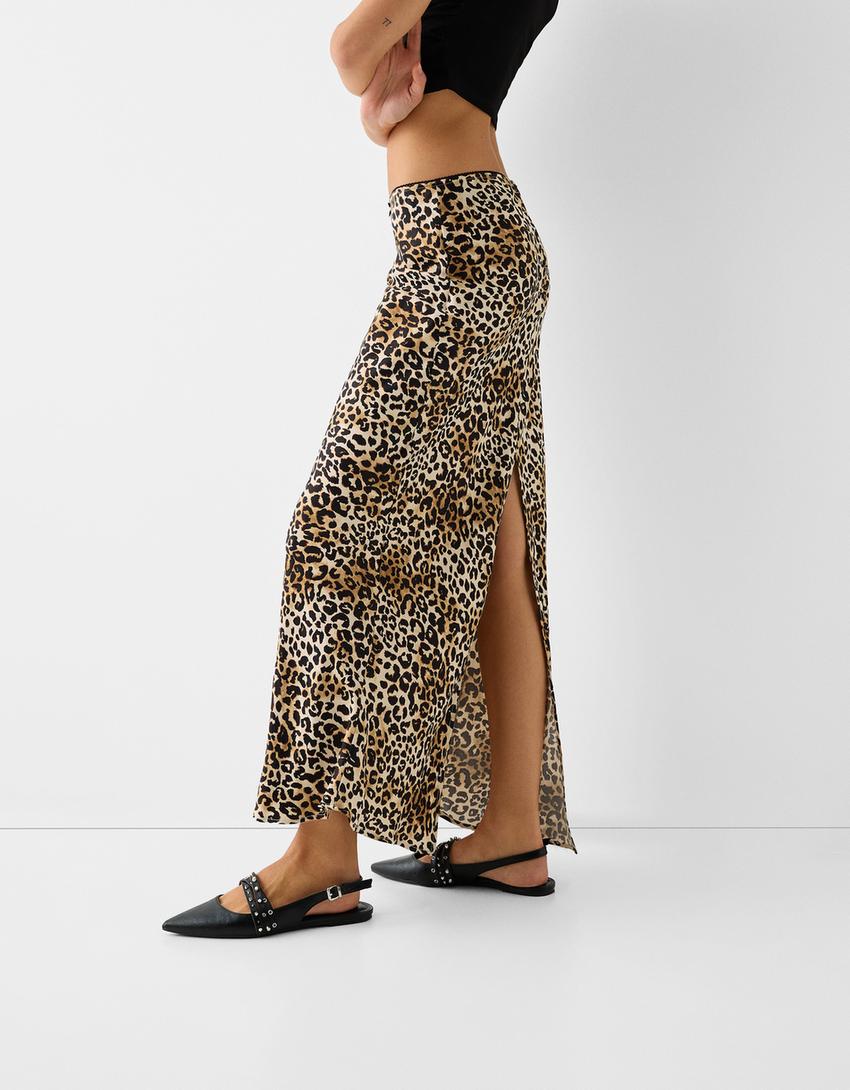 Animal print midi skirt-Brown
