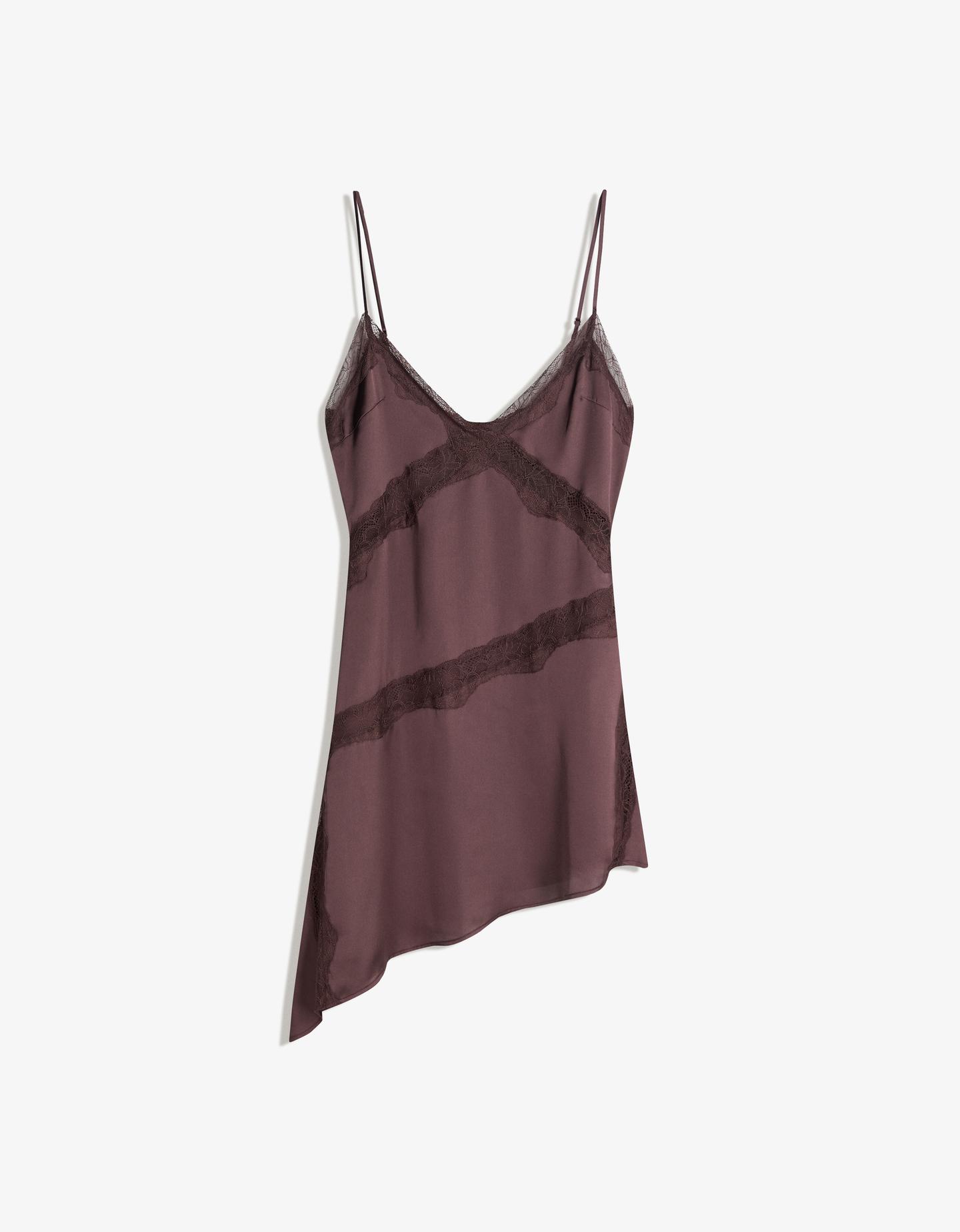 Bershka asymetryczna sukienka mini z satyny i koronki brązowy