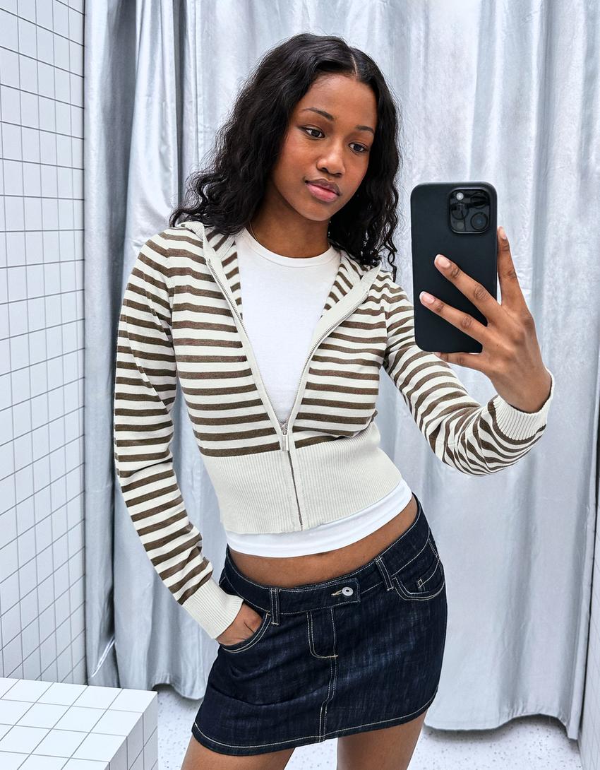 Çizgili kapüşonlu sweatshirt-Mavi