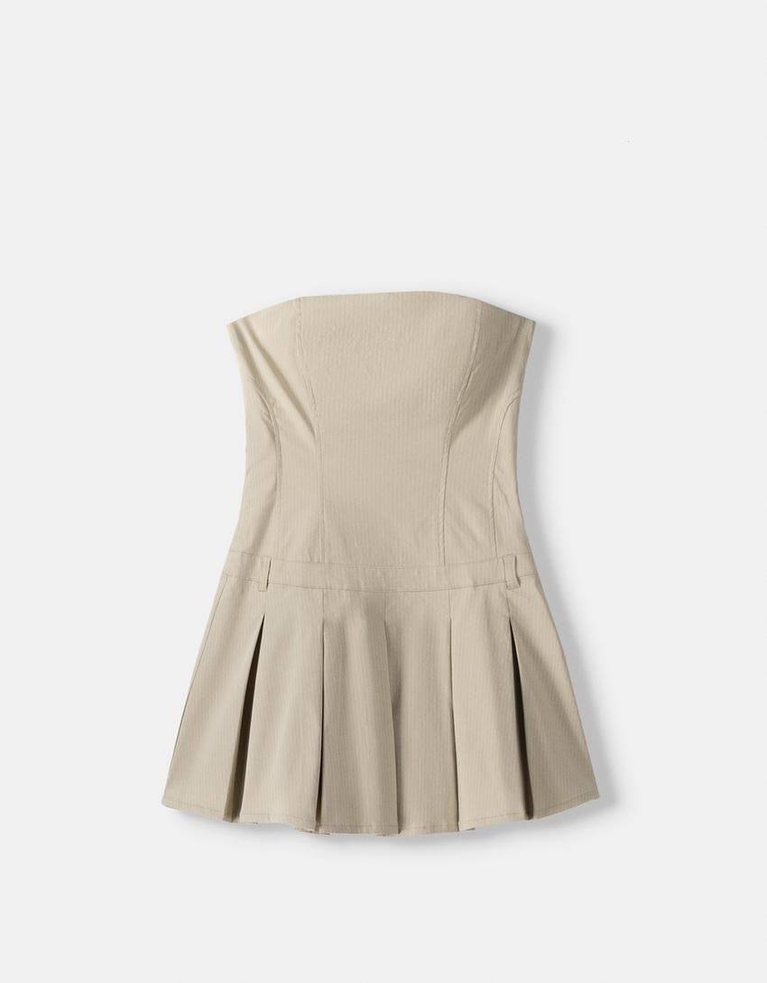 Short striped stretch box pleat dress-Sand