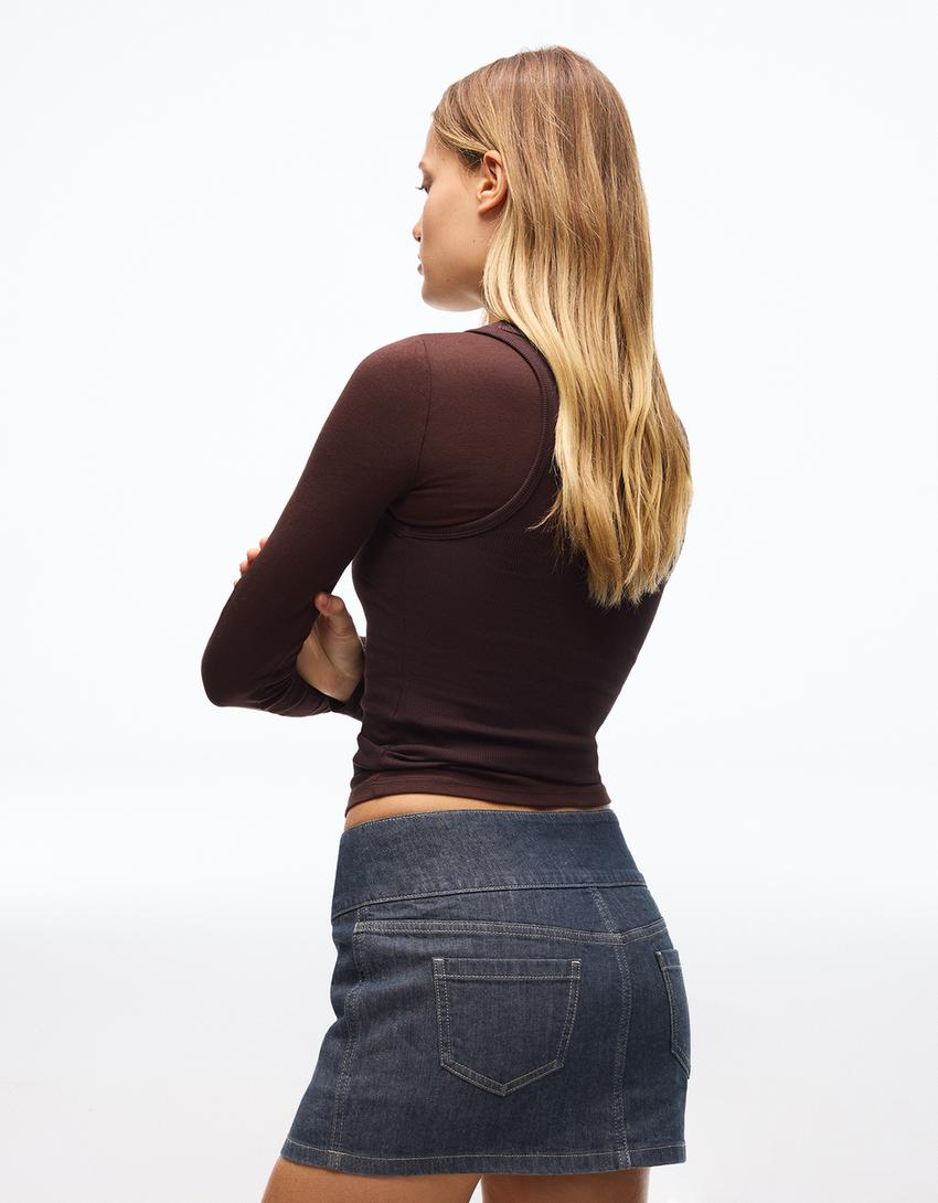 High-waist denim skorts-Navy