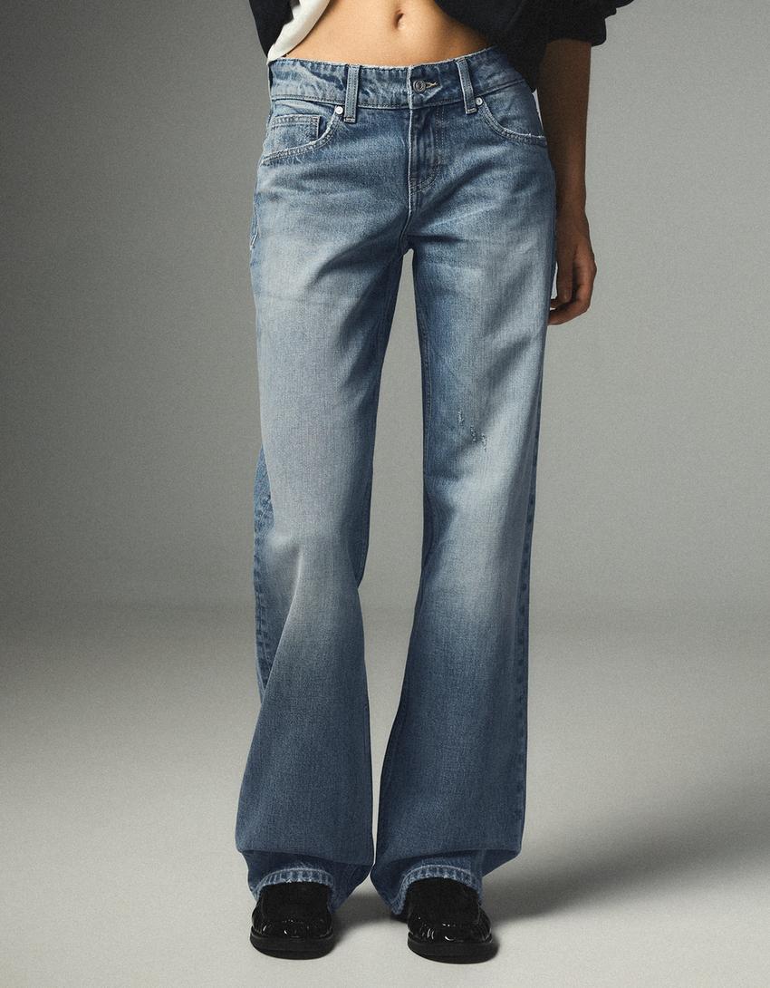 Orta bel straight jean-Soluk mavi