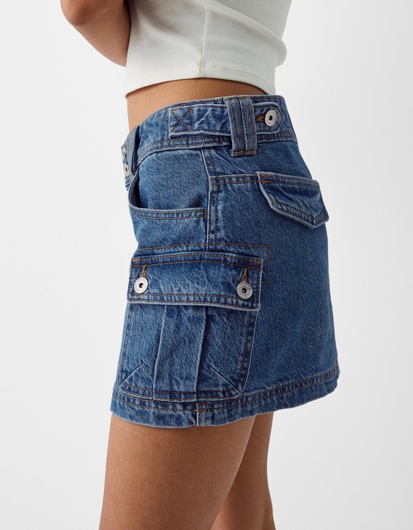 Mini-jupe denim cargo-Bleu lavé-5