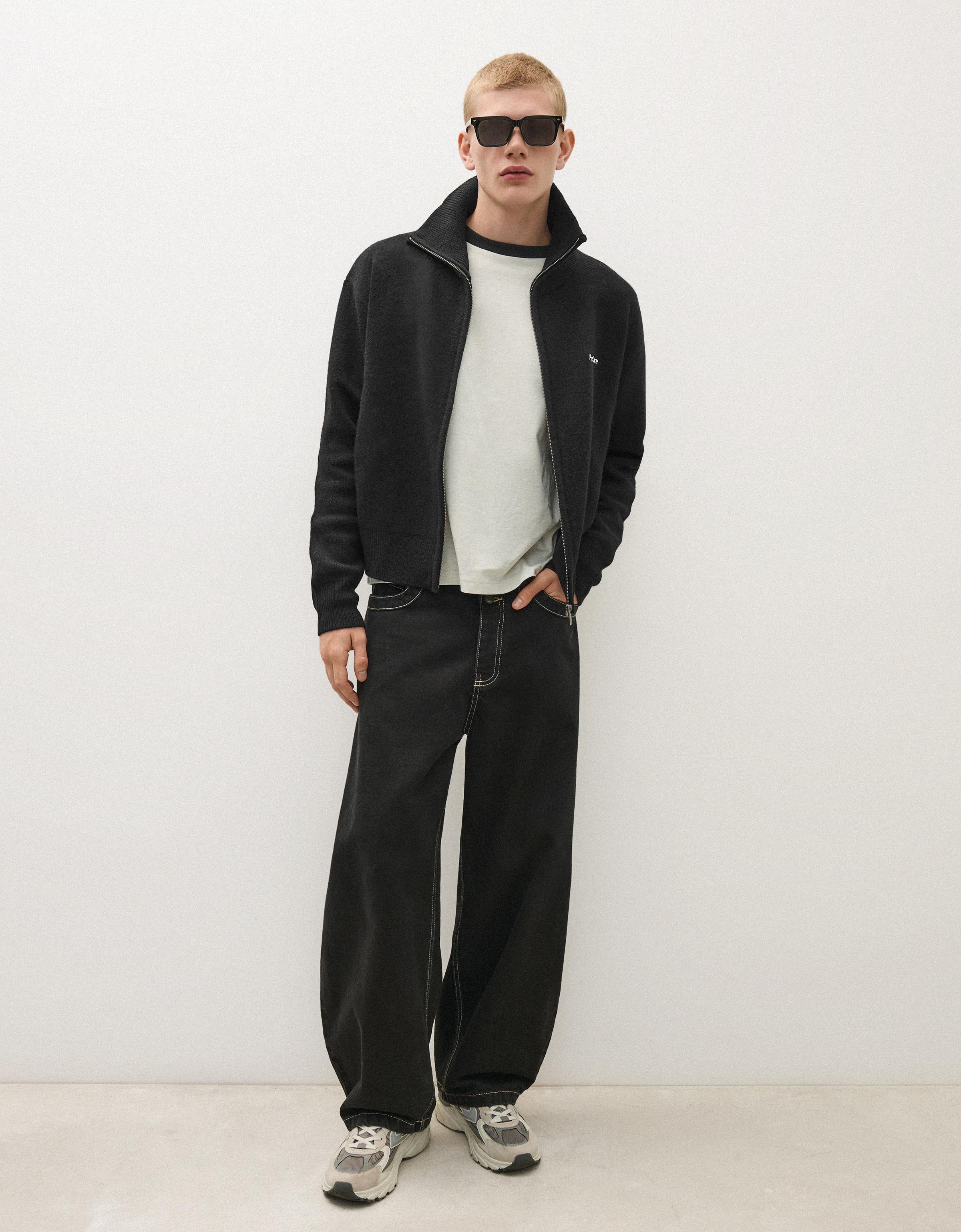 Bershka Chaqueta Punto Cremallera Boxy Hombre L Negro