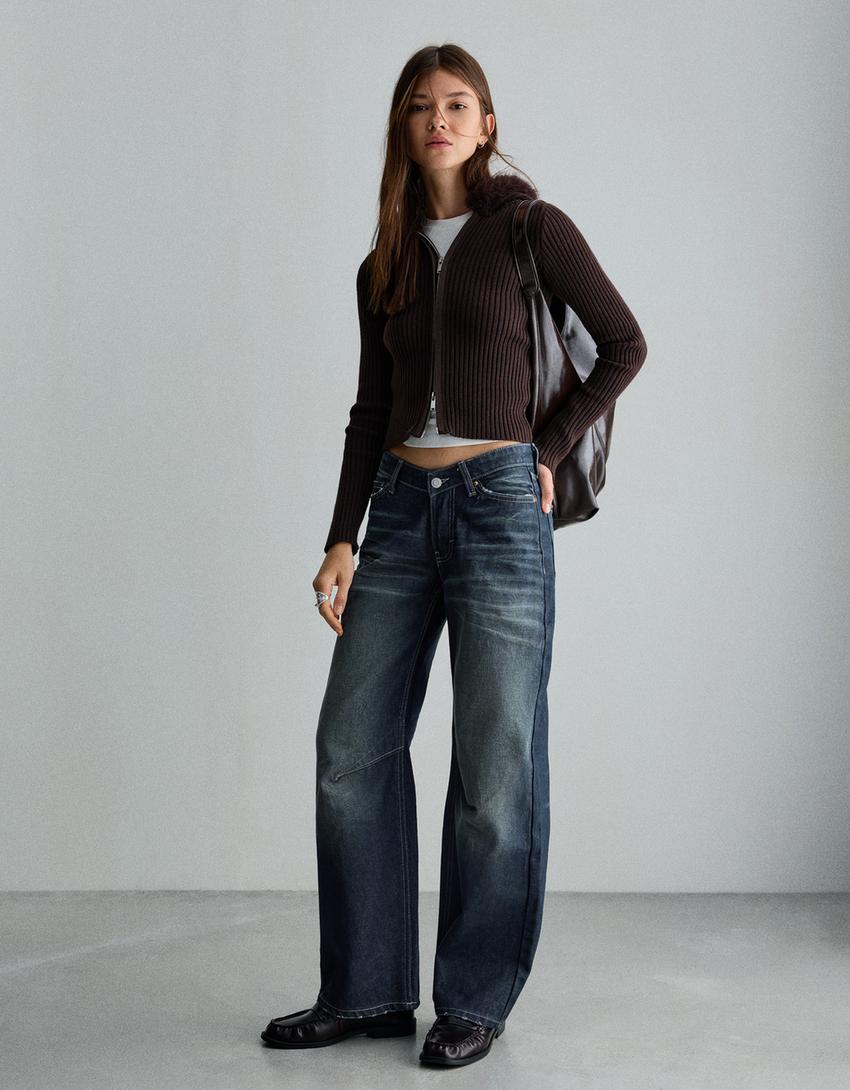 Jeans ample taille basse-Bleu lavé