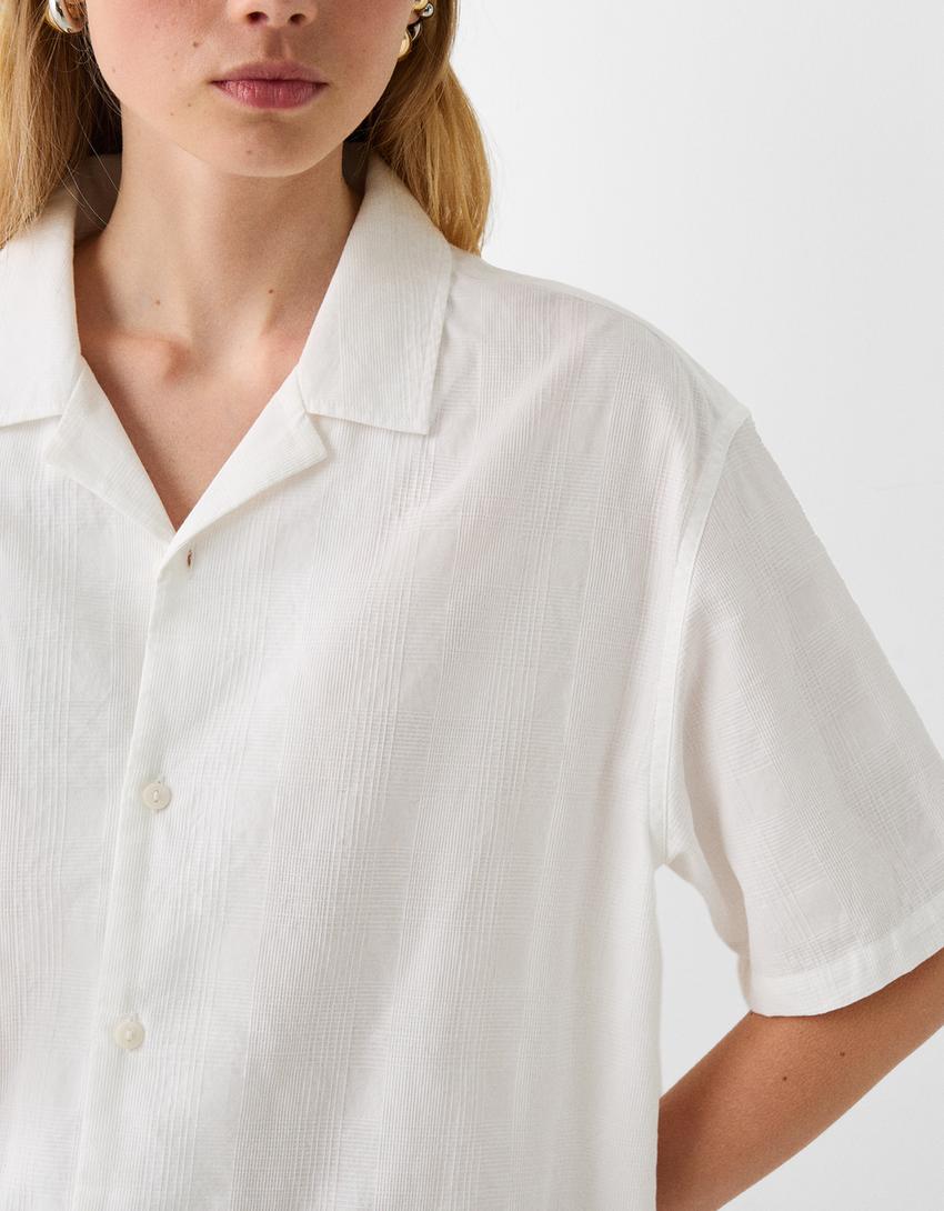 Текстурирана памучна риза с къс ръкав-Мръснобяло-2