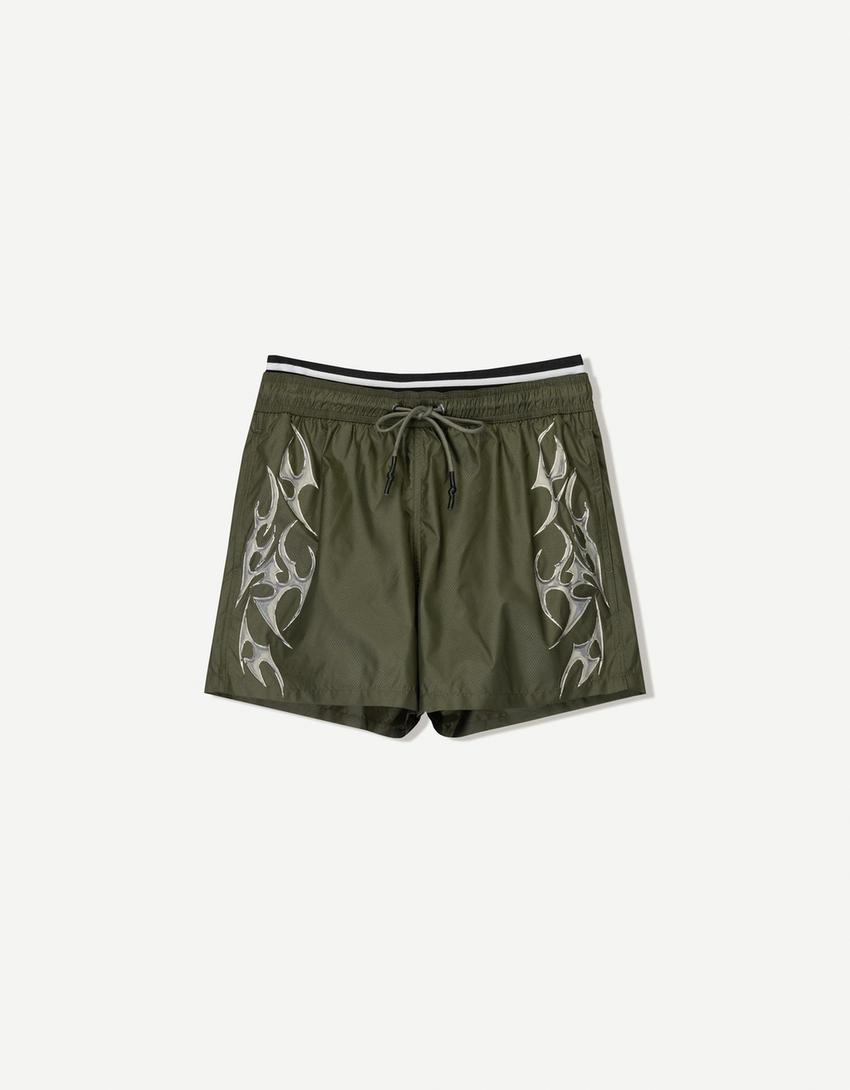 Swimming trunks with double waistband and print-Green
