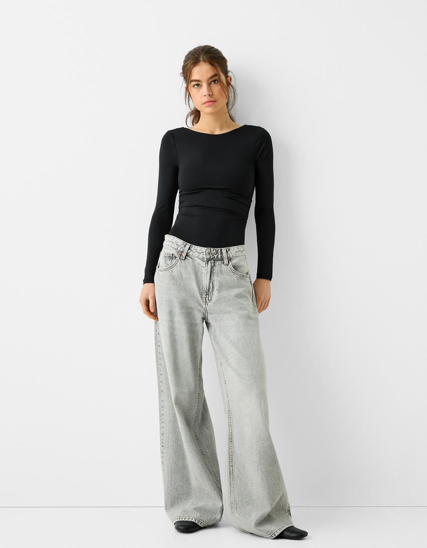 Body manches longues froncé sur le côté-Noir-2