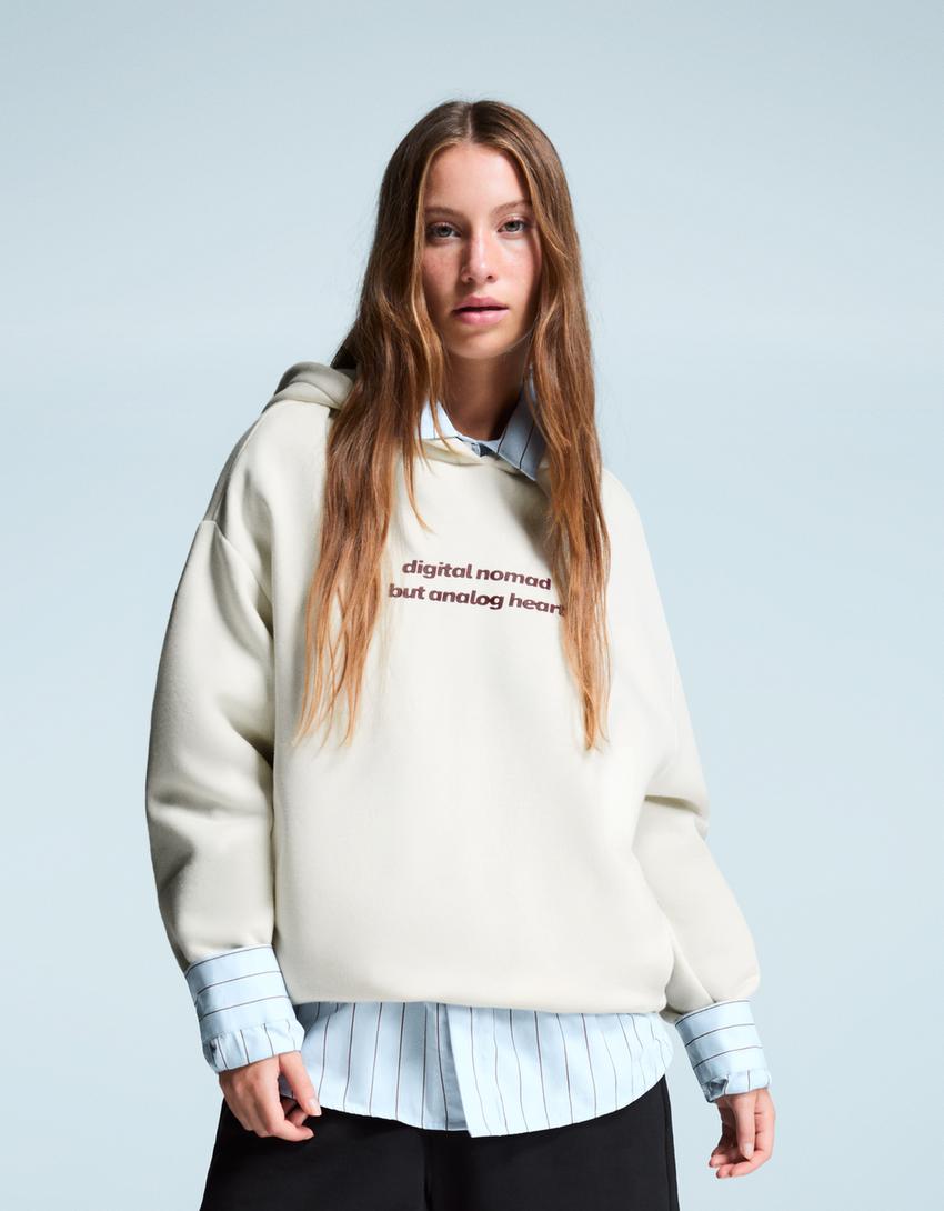 Sweat à capuche imprimé-Écru