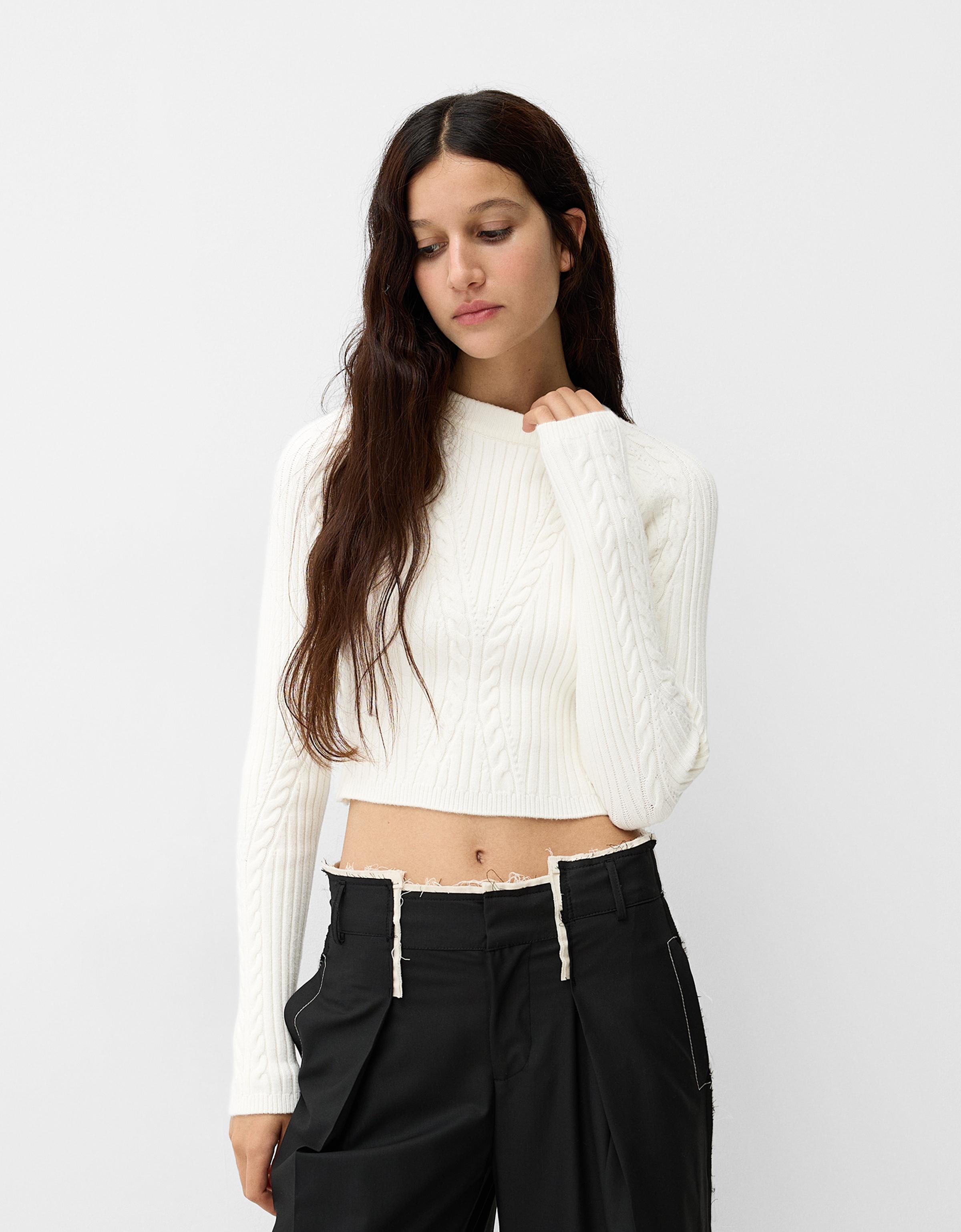 Bershka Pullover Mit Rippenmuster Und Flechtmuster Damen M Weiss