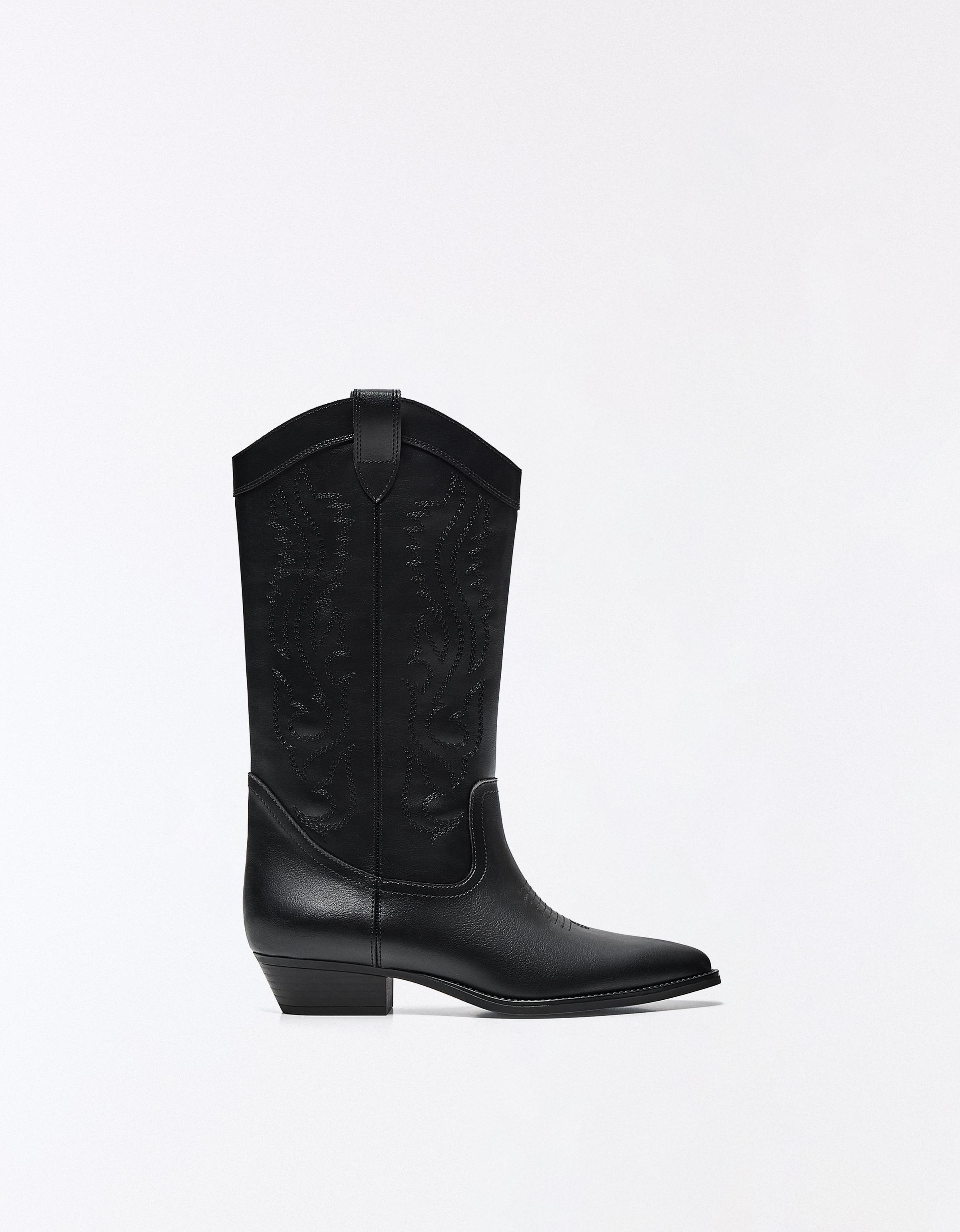 Bershka Bota Cowboy Plana Mujer Negro
