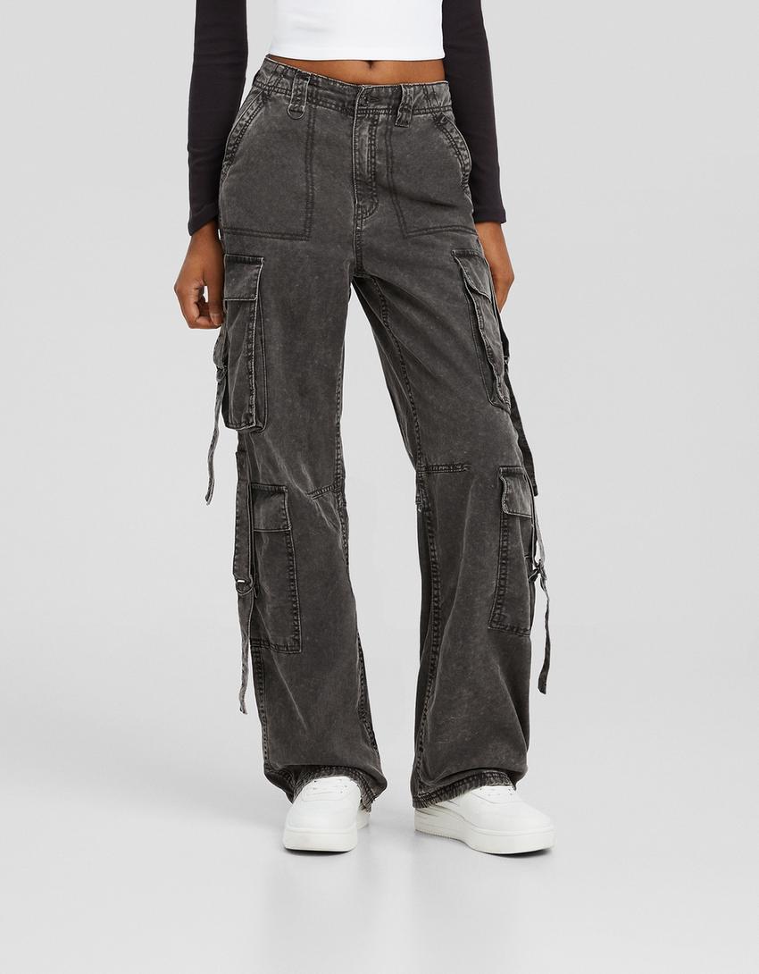 Cotton cargo trousers with straps-Grey-1