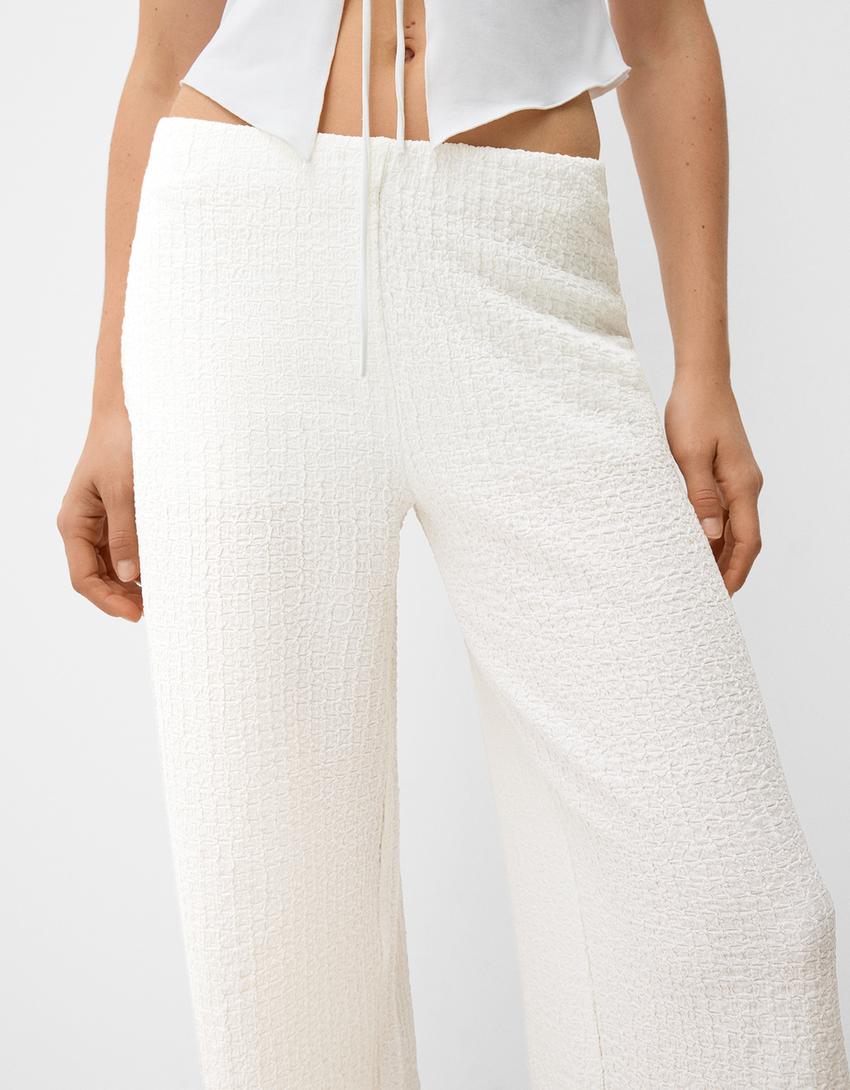 Calças wide leg waffle-Branco-3