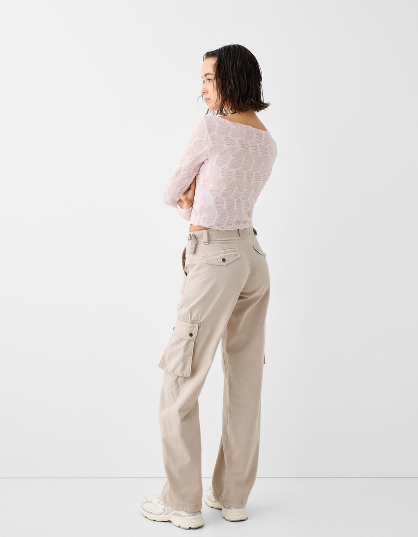 Long sleeve textured Bardot T-shirt-Pink-2