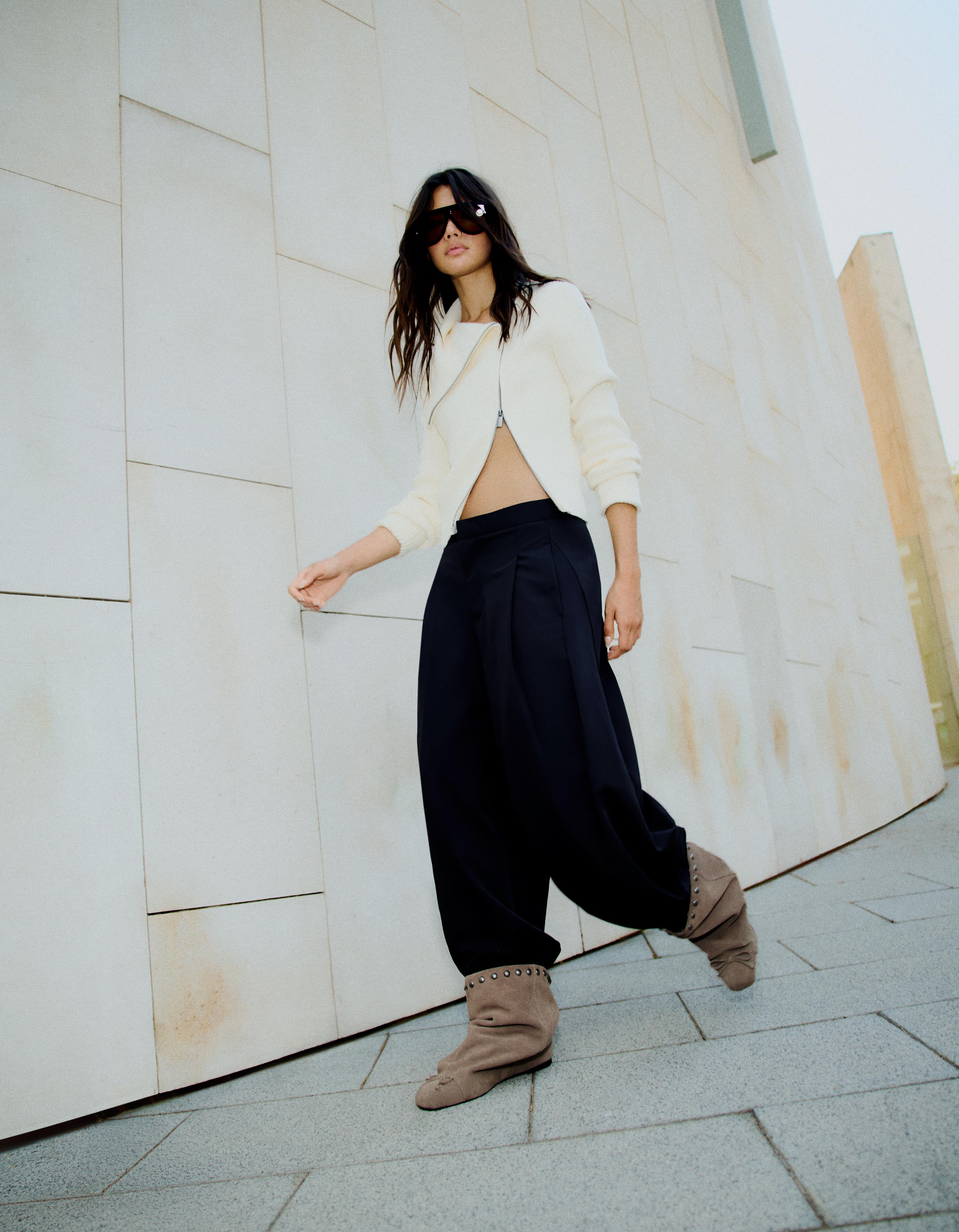 Leather flat ankle boots with wide shaft and studs — TAUPE