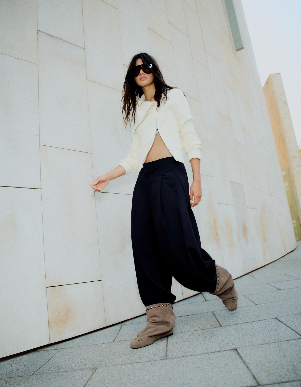 Leather flat ankle boots with wide shaft and studs — TAUPE