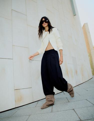 Leather flat ankle boots with wide shaft and studs — TAUPE 2