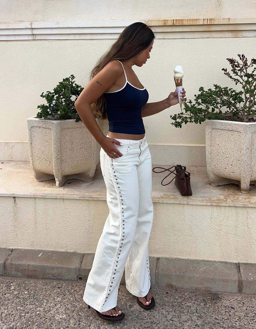 Gerade Hose mit Ösen und ausgefranstem Saum-Weiss-3