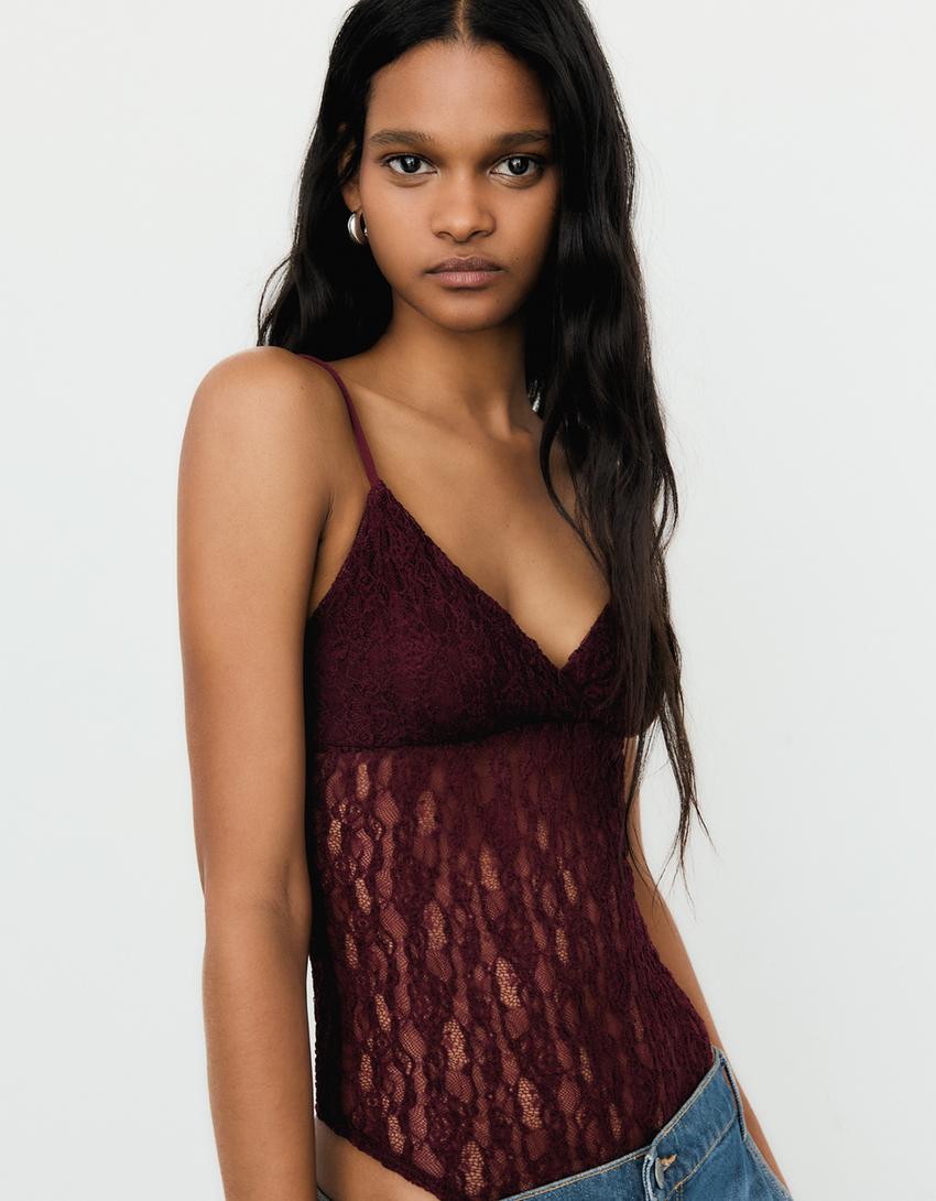 Lace strap bodysuit-Burgundy