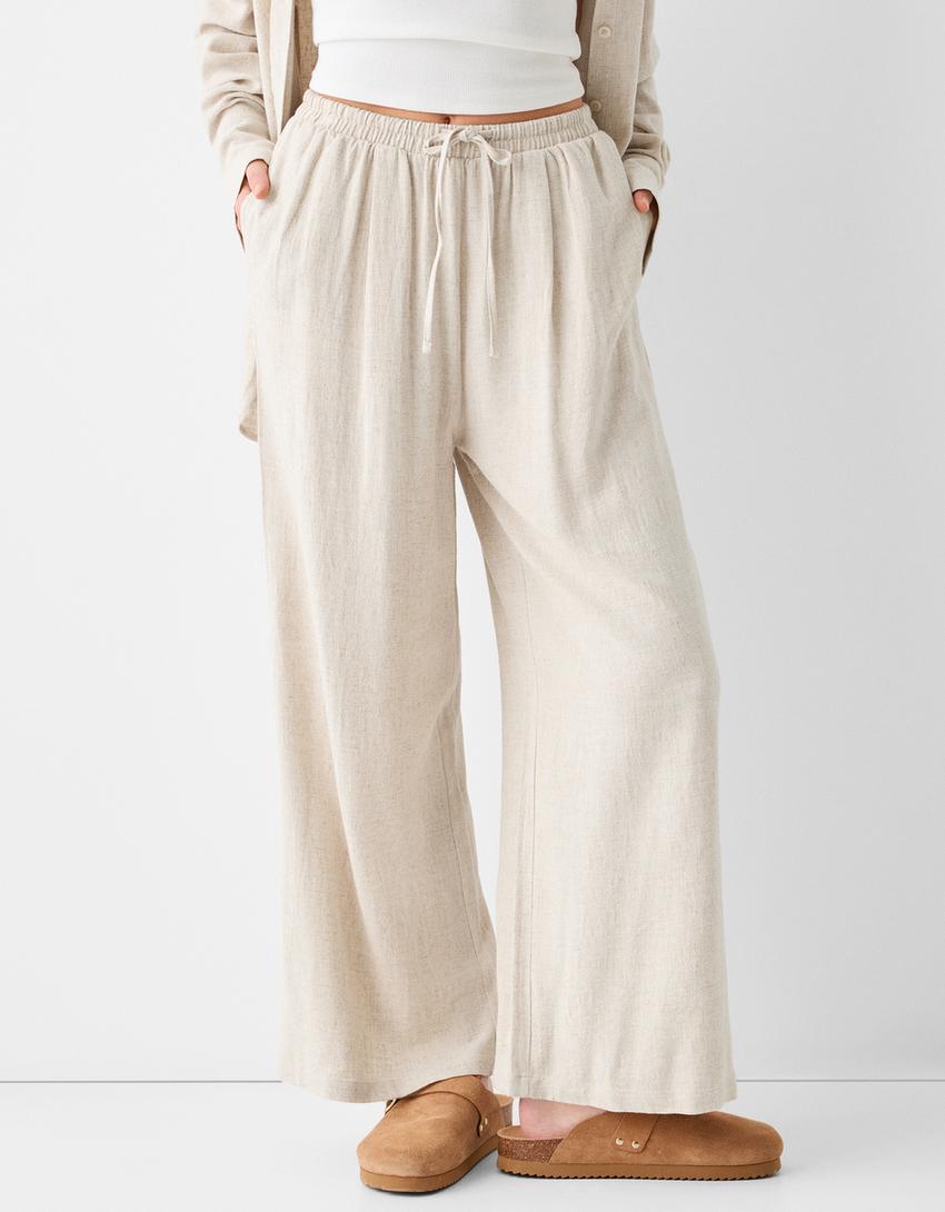 Culottes with linen and an elastic waist-Cream-1