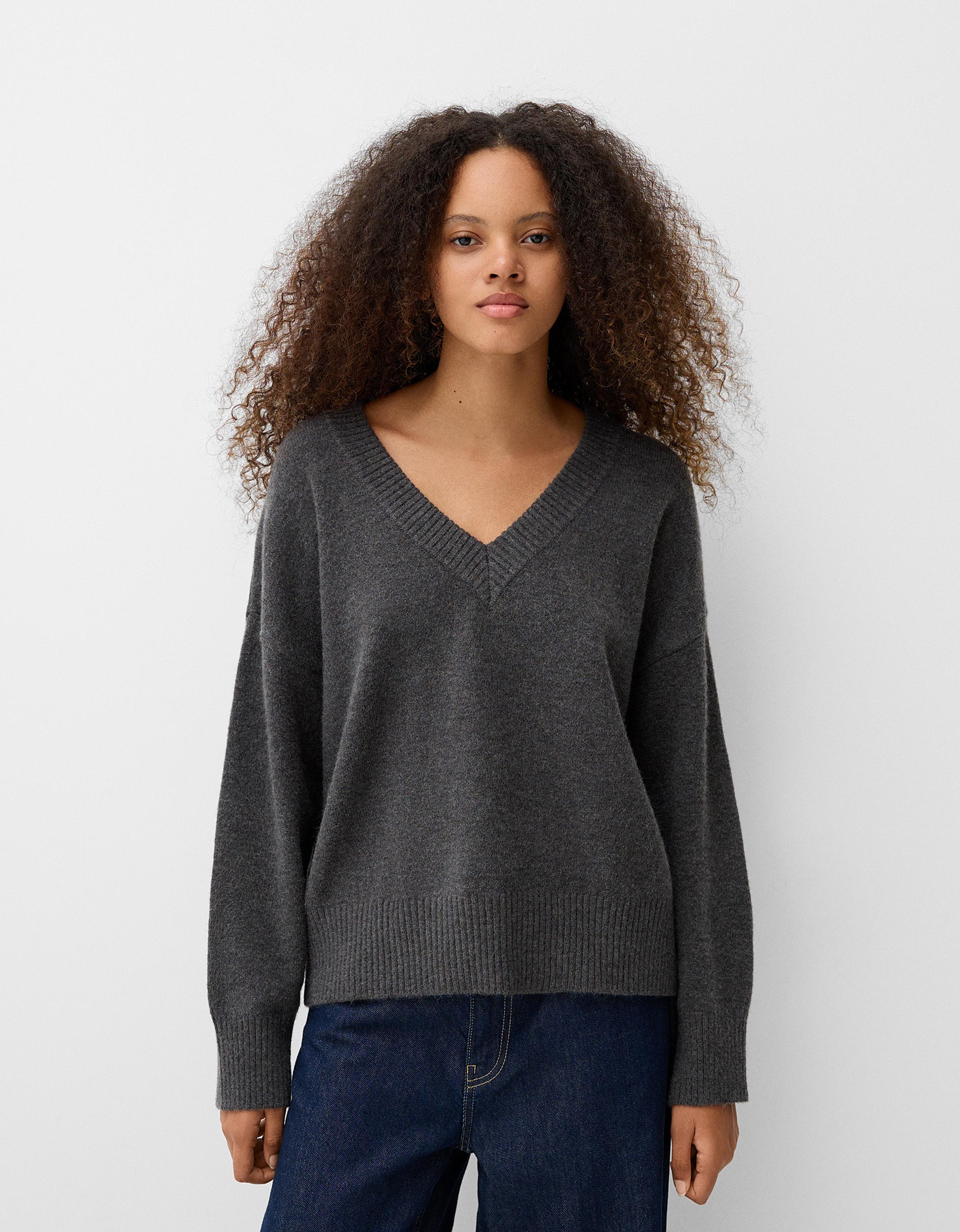 Bershka Oversize-Pullover Mit V-Ausschnitt Damen L Grau