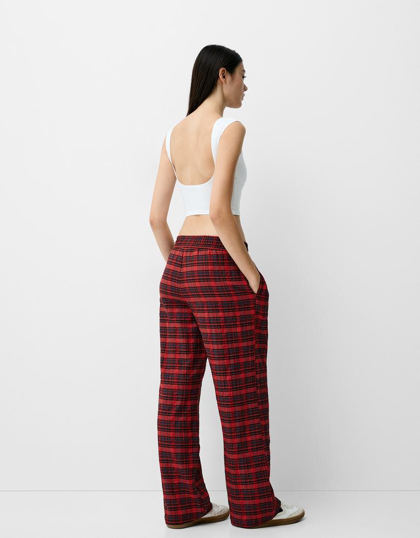 سروال بقصة مستقيمة ونقشة مربعات-أحمر-2