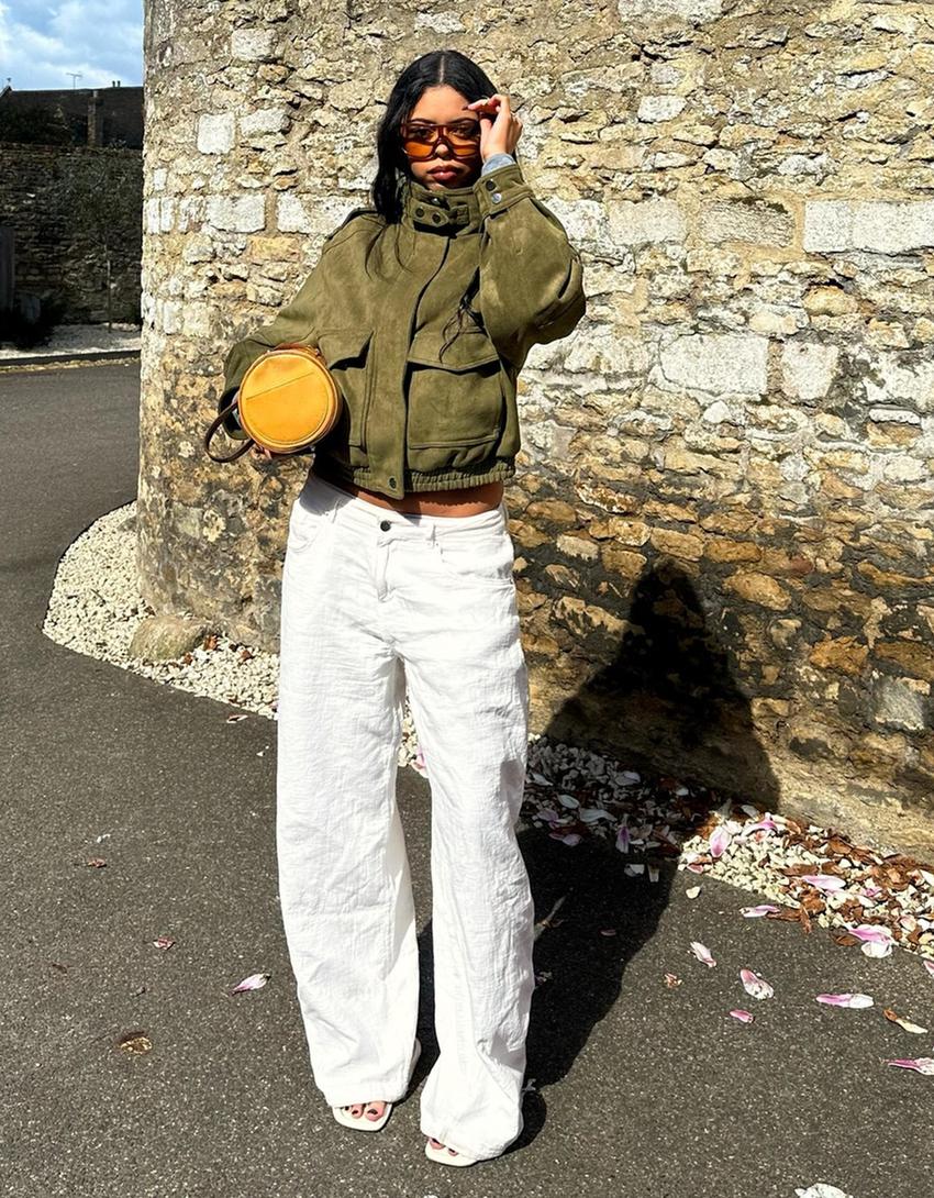 Düşük bel geniş paça balloon fit jean-Krem