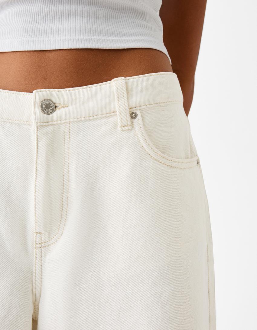 Bol denim bermuda şort-Krem-6