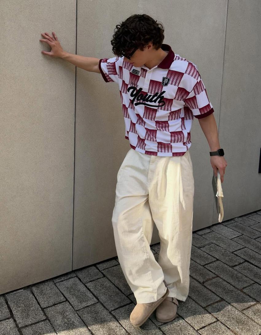 Printed short sleeve polo shirt-Red