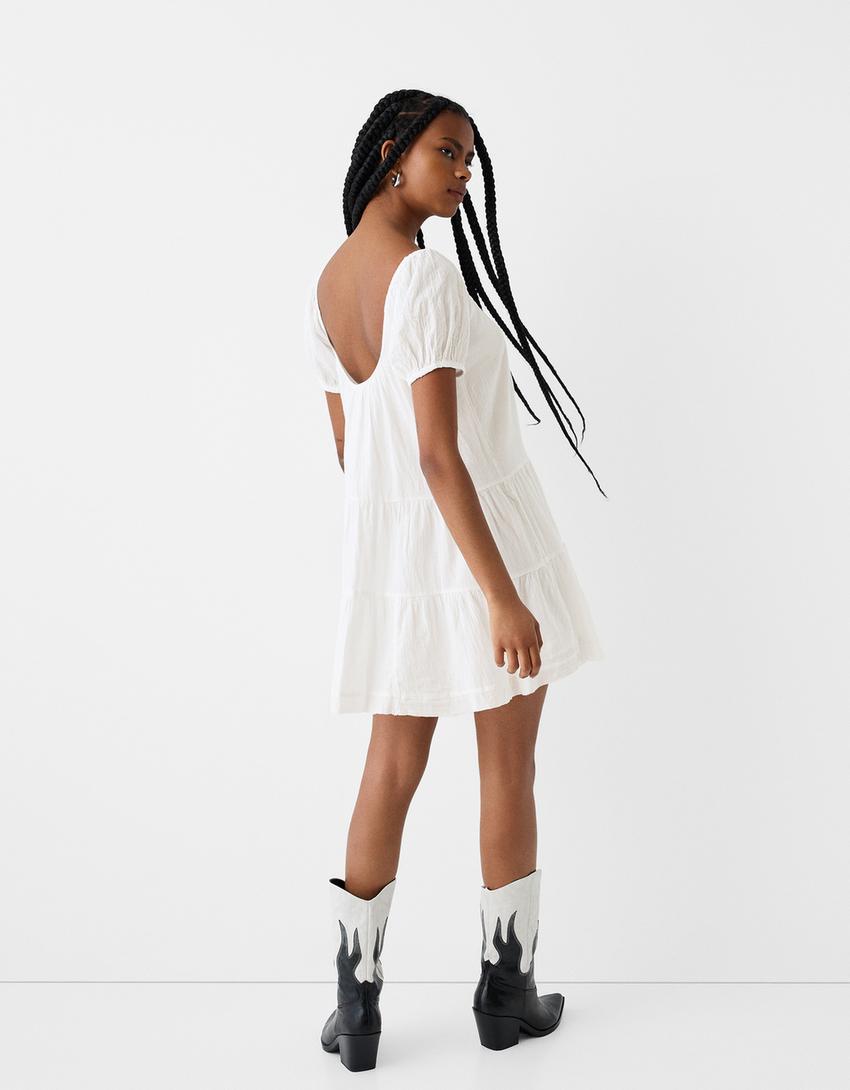 فستان قصير ريفي بكشكش-أبيض مطفي-1