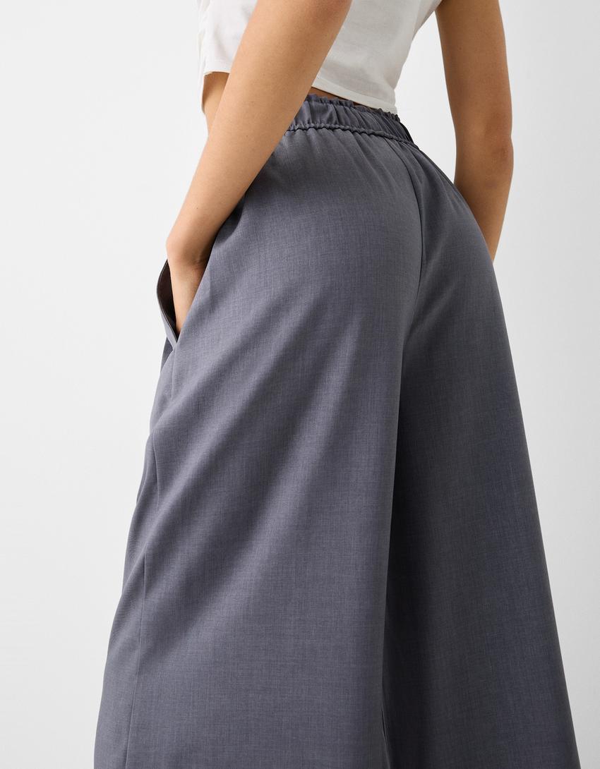 بنطال واسع وقصير رسمي بخصر مرن-رمادي داكن-3