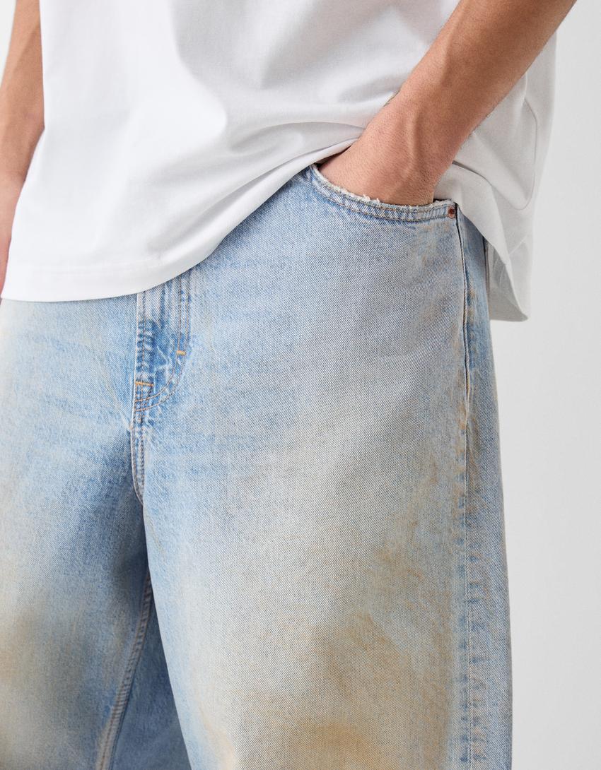 Faded dirty super baggy jeans-Light blue