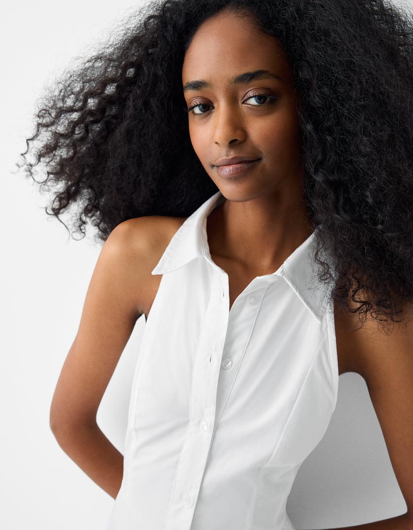 فستان ميدي هالتر بوبلين بأزرار-أبيض-3